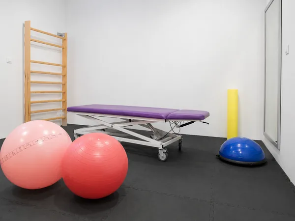 Sala rehabilitacji w szerszym ujęciu: drabinka, kozetka, piłki gimnastyczne, półkula do ćwiczeń równowagi, wałek i lustro.
